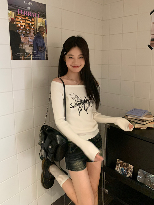 宋正恩蝴蝶印花露肩一字肩毛衣女春季正肩修身辣妹高级针织衫上衣|undefined