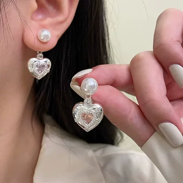 Pink Zircon Heart-Shaped Five-Pointed Star Pearl Earrings for Women, Sweet and Unique Design, Dual-Wear Style, Elegant Earrings