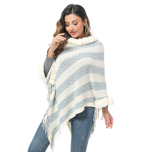 Imitation rex rabbit fur collar knitted pullover cape women chenille warm foreign trade in stock wholesale striped shawl sweater