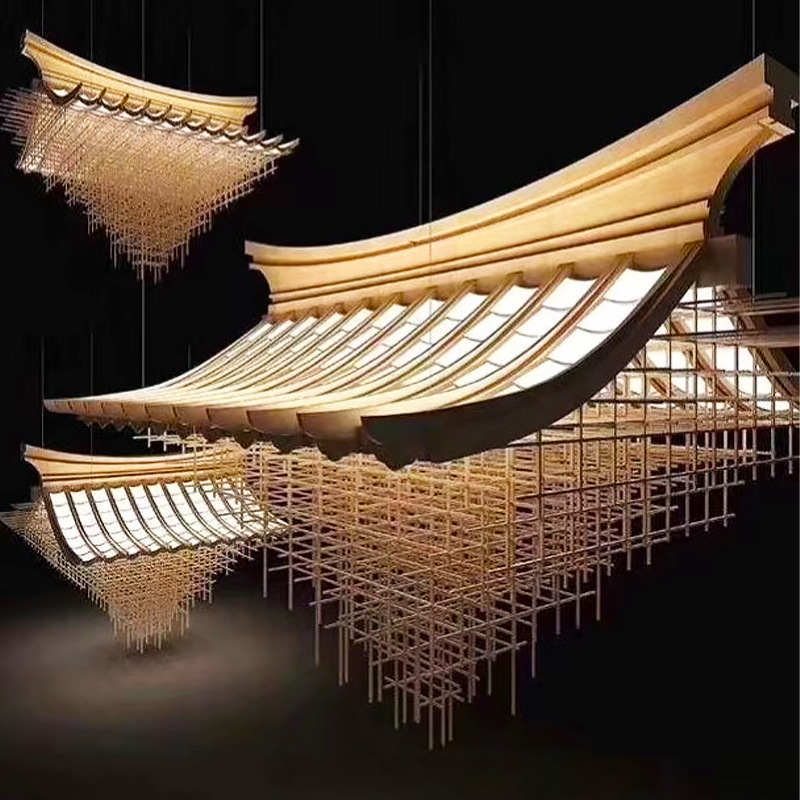 人字顶吊灯苏式木结构屋檐中式会所展馆别墅