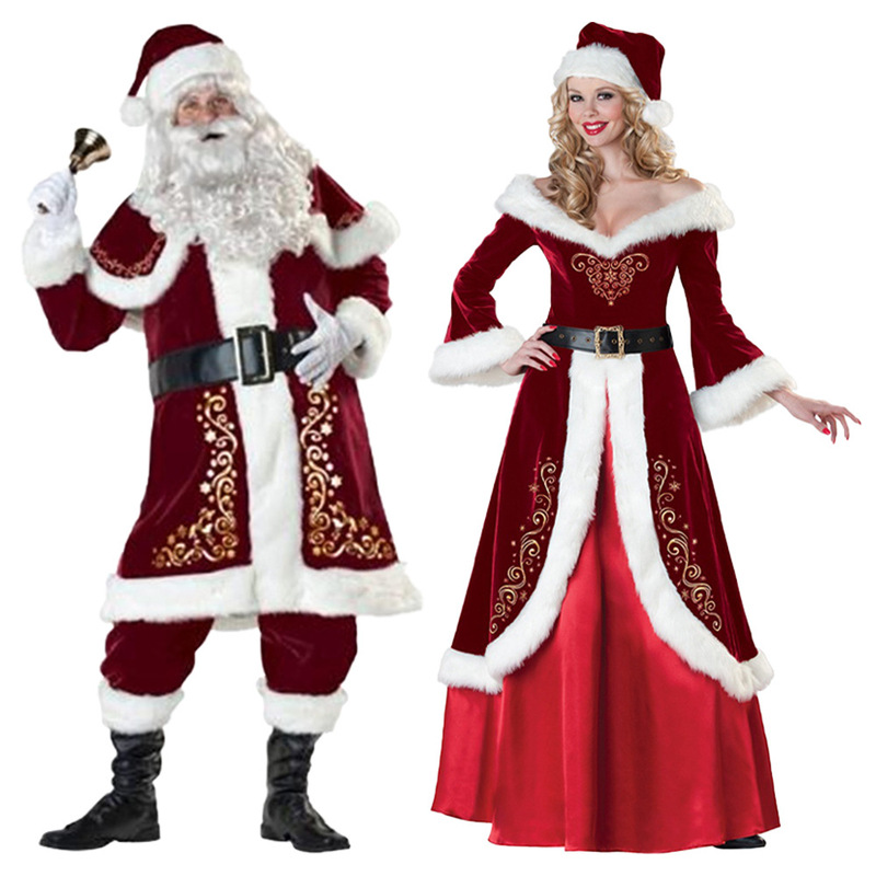 Christmas Santa Claus Costume Adult Male White Beard Grandpa Cosplay Clothes Adult Female Christmas Dress