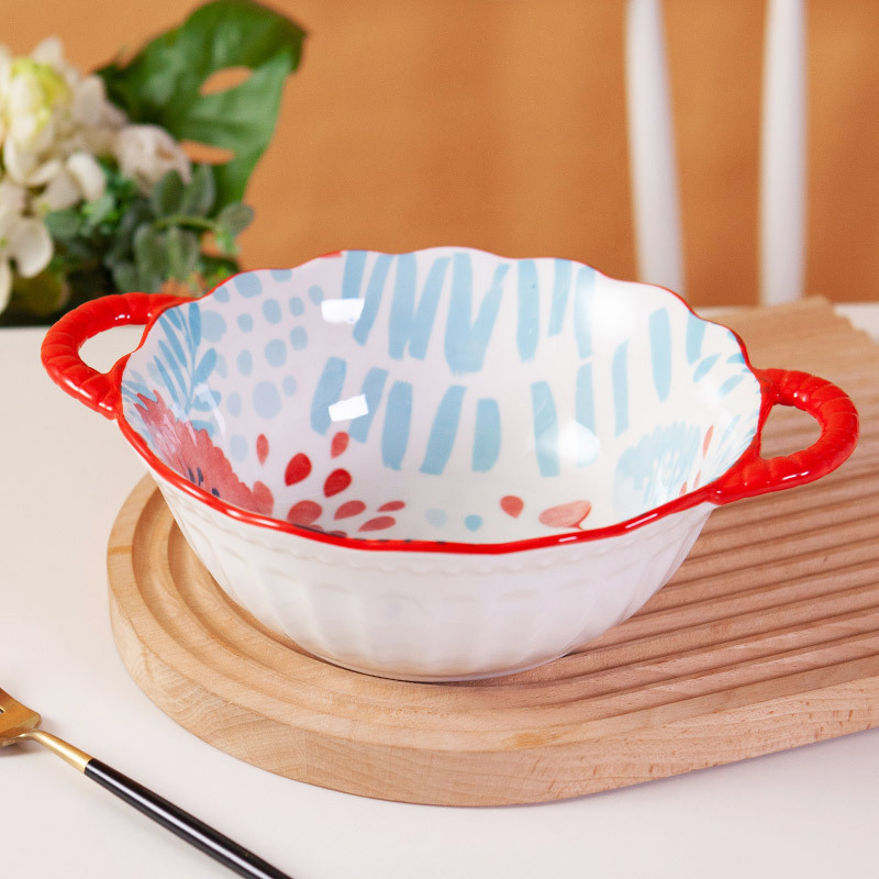 松发瓷器珠点红花双耳碗家用泡面碗小碗汤碗陶瓷餐具碗盘汤盆大碗|undefined
