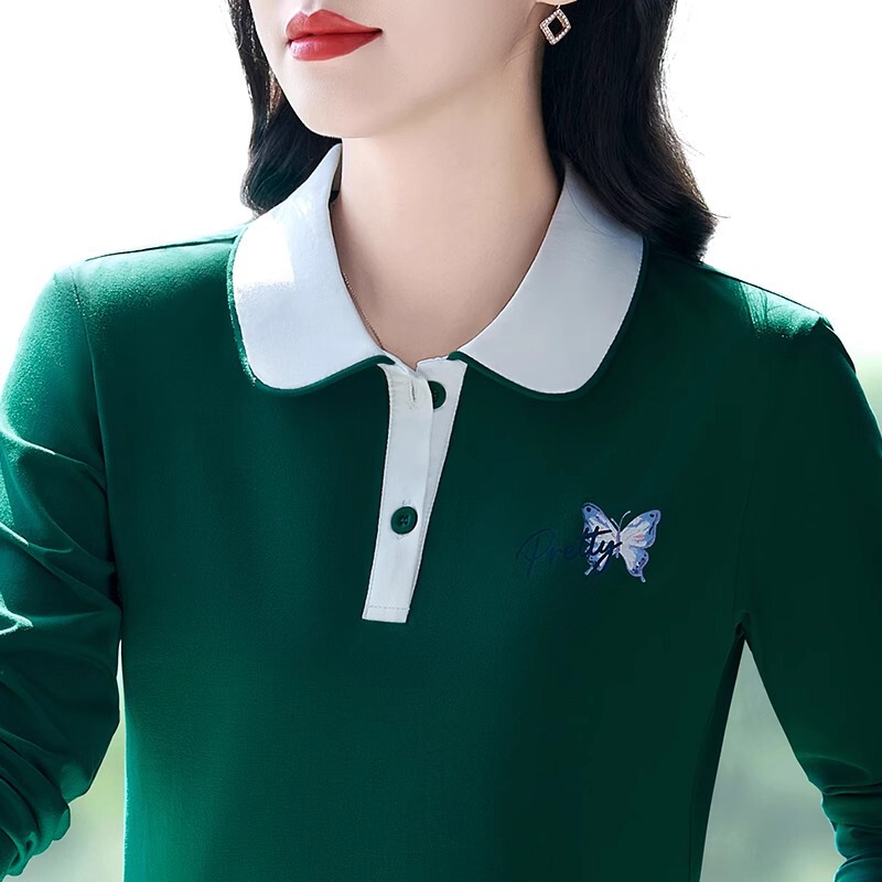 Spring and Autumn New Pure Cotton Lapel Polo Shirt Long Sleeve T-Shirt Fashion Print Easiest for Match Mom Slimming Top T-Shirt