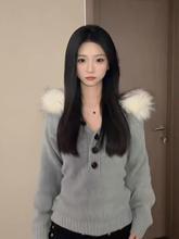 UNMUN连帽灰色针织衫女秋冬季新款韩系毛领小众修身时尚洋气高级