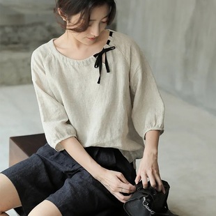 2024 Summer Cotton and Linen Women's Artistic Retro Round Neck Contrast Color Age-reducing All-match Cotton and Linen Short-sleeved Top Women's T-shirt