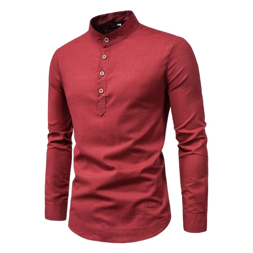 2020 nuevos hombres de Otoño de algodón y lino camisa de manga larga de color sólido camisa de cuello alto de moda delgada de comercio exterior ropa de hombre