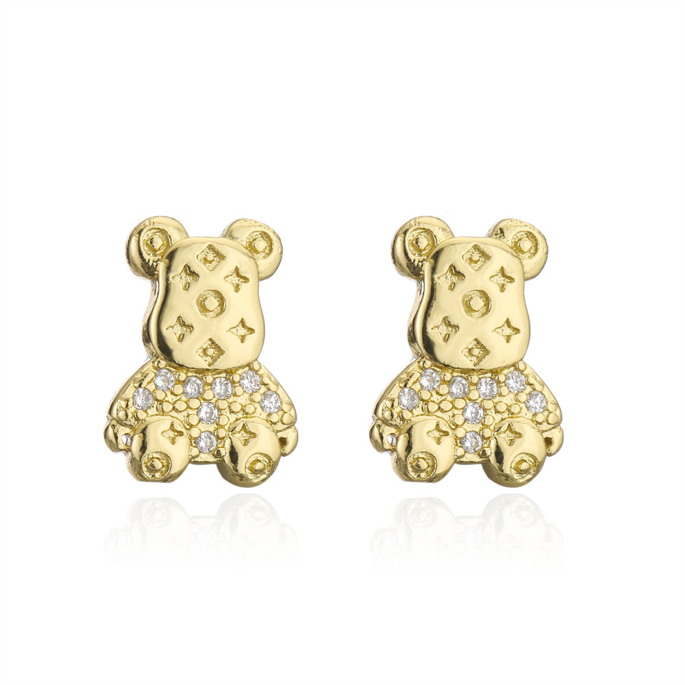 fashion copper micro-inlaid zircon plated 18K gold animal bear earrings wholesale