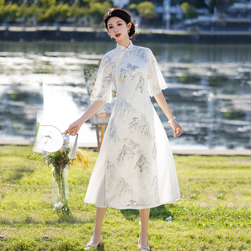 顯瘦奧黛國風年輕款新中式改良旗袍2024新款女復古短袖連衣裙春夏