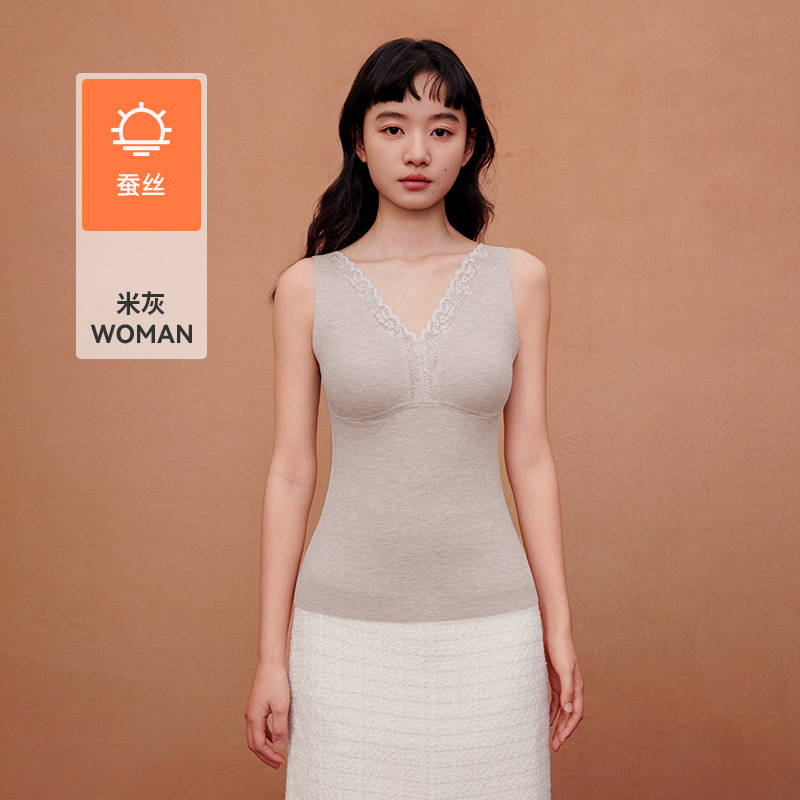 2025秋冬新款带胸垫保暖背心女可拆胸罩德绒蚕丝V领蕾丝打底马甲|undefined