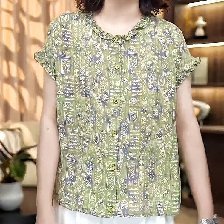 一件代发直播爆款2025夏季时尚百搭宽松减龄木耳边印花薄款小衫潮|undefined