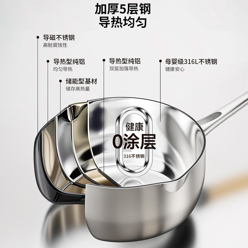 加厚食品级316不锈钢奶锅辅食不粘雪平锅无涂层一人食煮泡面小锅|undefined