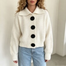 跨境欧美风秋季新款毛衣女百搭外套宽松时尚大扣洋气翻领针织开衫