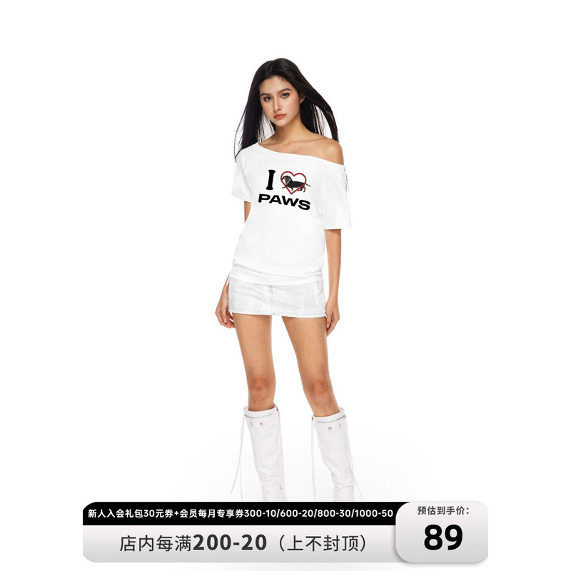 FDR公式ストア「I Love Dogs」ダックスフント アメリカン半袖Tシャツ 男女兼用 夏 カップル 斜め肩トップス|undefined