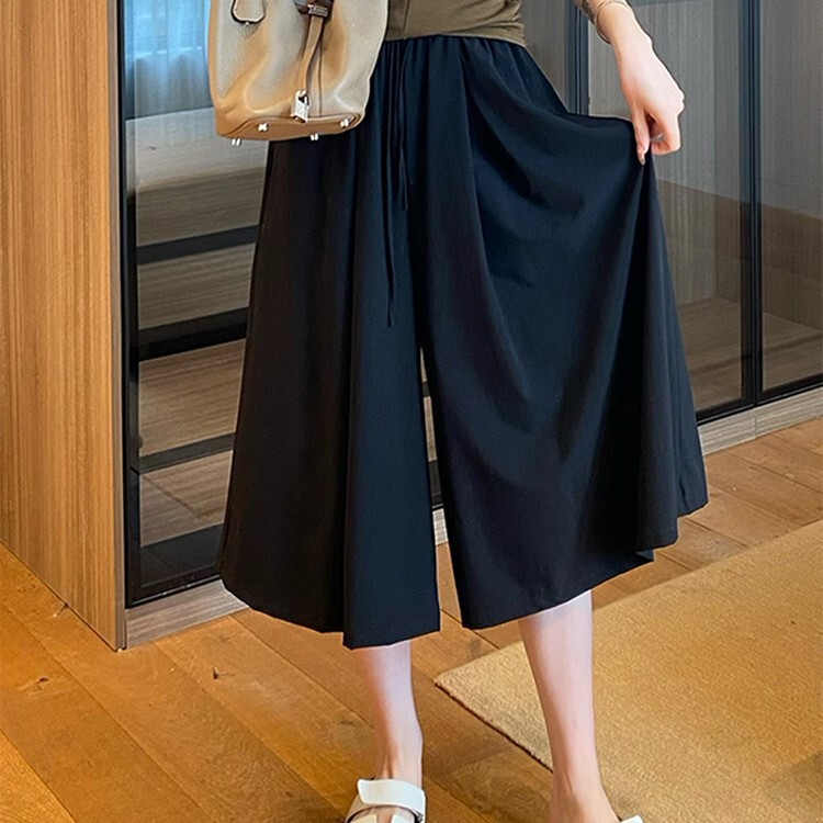 Black Wide-leg Pants Women's Summer New Pear-shaped Body chubby girl plus size Loose Slimming Cropped Casual Pants Skirt Breathable