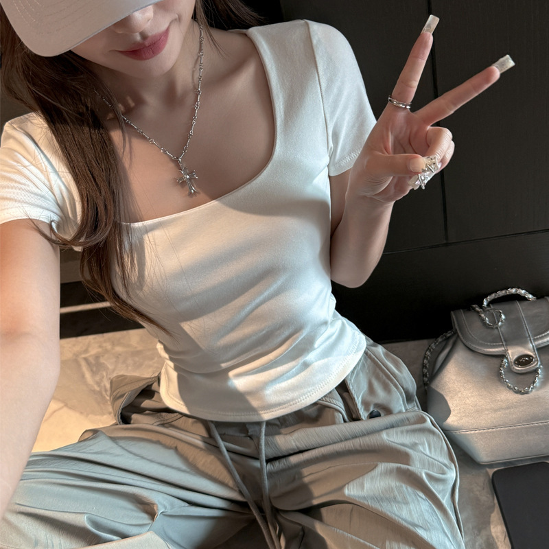 Summer Pure Cotton Square Collar Spice Girls Shoulder Short-sleeved T-shirt Women's Slim-fit Slimming High-end Korean Style Women's T-shirt Top