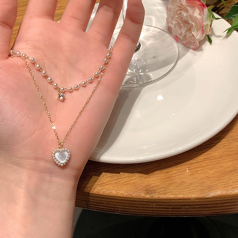 Heart Shape, Fish Tail Pattern Women'S Gender Pearl, Inlay Design Sweet Heart Shape Fish Tail Copper Pearl Inlay Zircon Necklace