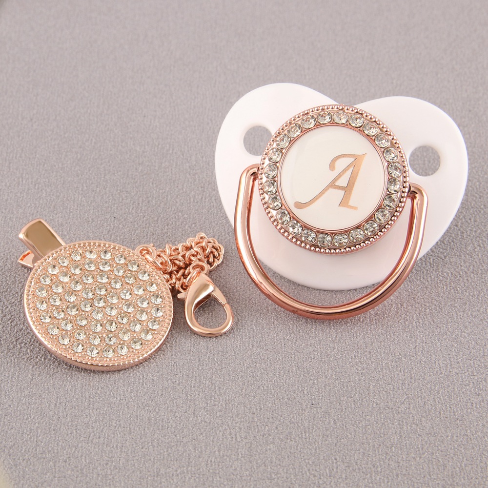 Cross-border new white rose gold soothing play mouth with diamond chain 26 letters baby soothing pacifier wholesale