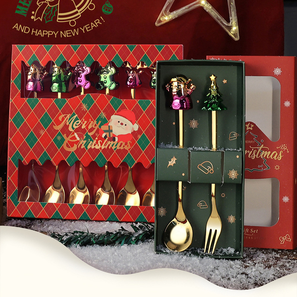 Cuchara de acero inoxidable creativa árbol de Navidad café tartar postre horquilla de fruta muñeca cuchara horquilla cubierta set de regalo