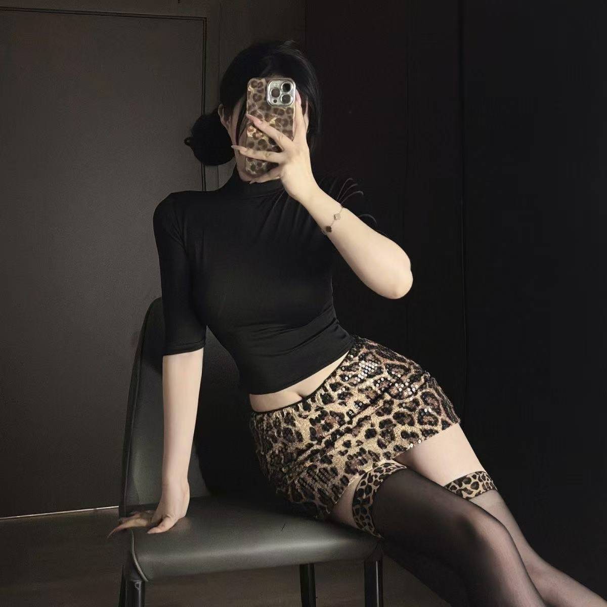 Sexy Leopard Print Two-Piece Uniform Set with Sequin Top, Bodycon Skirt and Stockings — detail image 3