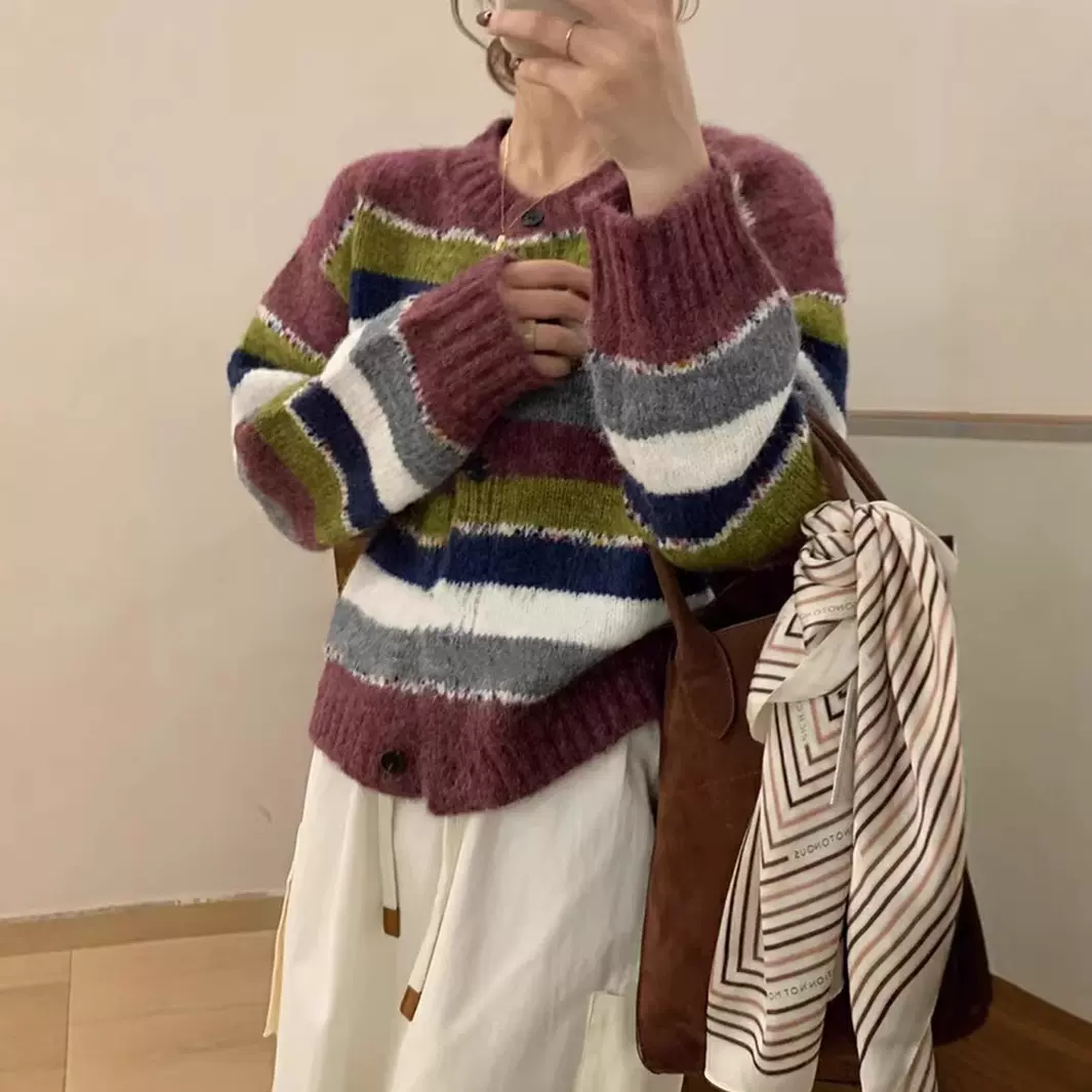 春季新款撞色条纹针织开衫女慵懒风复古彩虹条纹针织开衫毛衣外套