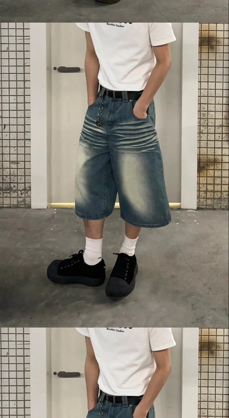 Men's Vintage Washed Blue Distressed Denim Shorts Loose Fit Streetwear Style Cargo Pants with Multi-Pockets_mkmklike.com