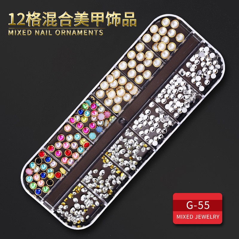 Juego completo transfronterizo de 12 compartimientos de remaches de metal, diamantes de imitación, Xingyue, piezas de concha de diamantes, accesorios para uñas, adornos para uñas