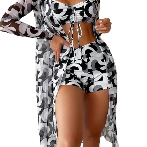 European and American Foreign Trade Women's Swimsuit Three-Piece Set, High-Waisted Long-Sleeved Internet-Famous Suit with Blouse, Sexy Bikini Wholesale