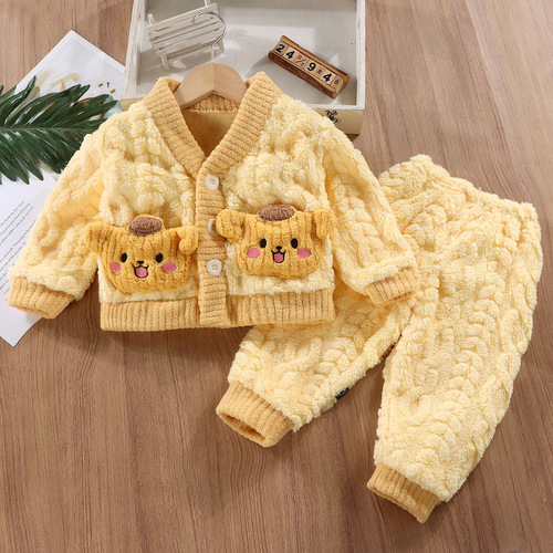 New children's home suit set for boys and girls, children's flannel pajama sets with outerwear, thick and warm two-piece set