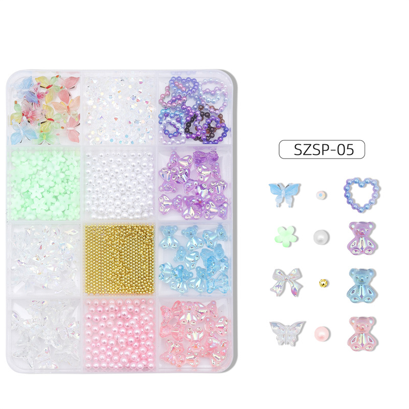 Exclusividad transfronteriza para 12 cuadros de uñas mixtas, joyas de resina, arco, perlas, Aurora, diamantes de forma especial, juego de joyas de bricolaje