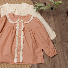 儿童撞色翻领娃娃衫25春秋款设计感蕾丝拼接童衬衫泡泡袖日系上衣