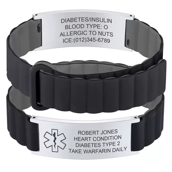 Medical Alert Bracelet with Adjustable Silicone Strap, Stainless Steel Curved Tag with Laser Engraving, Silicone Curved Tag Bracelet
