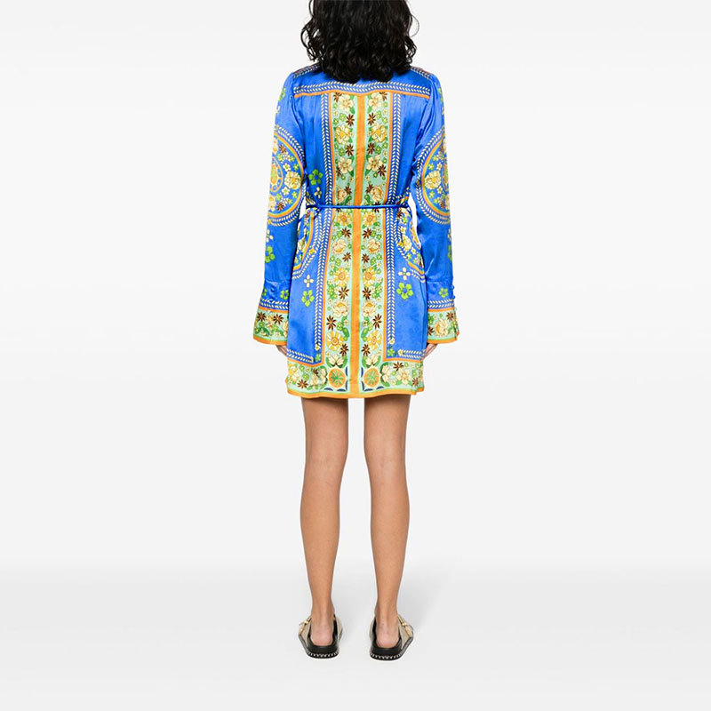 Women's Dress With Turn-Down Collar, Tie Waist, Printed Long Sleeves_ecoleips.com