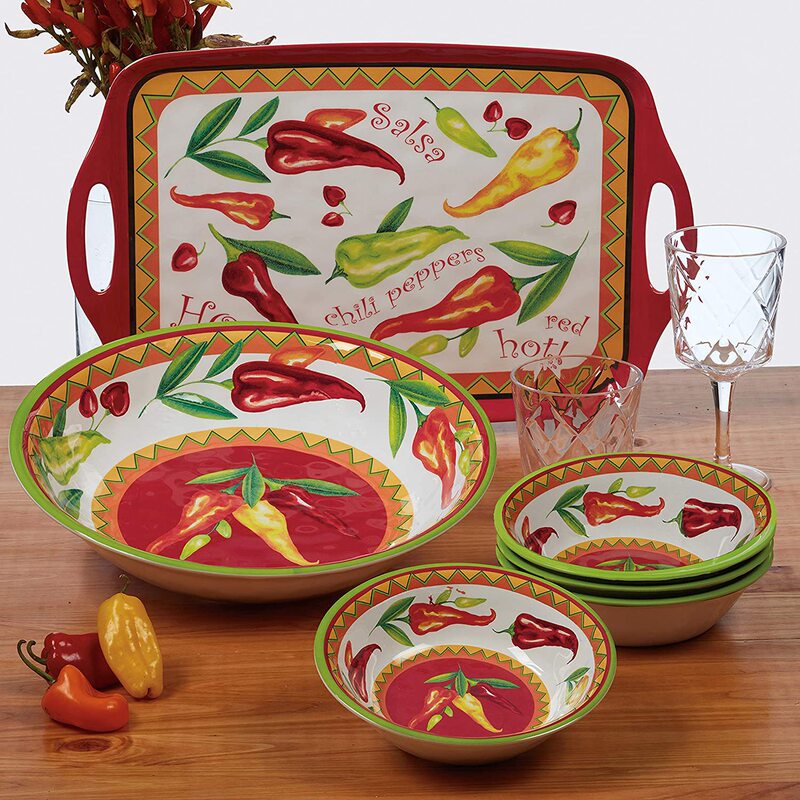 Specialized Tableware for Mexican Restaurants, Melamine Bowls and Plates with Chili Pepper Patterns, Restaurant Serving Trays, and Tableware Sets