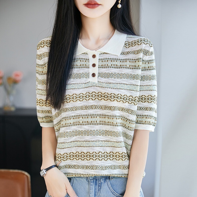 French-Style Color-Blocking Simple Striped Polo Collar Short-Sleeve Knit Shirt for Women, Summer Thin Bamboo Linen Versatile Top French-Style Color-Blocking Simple Striped Polo Collar Short-Sleeve Knit Shirt for Women, Summer Thin Bamboo Linen Versatile Top