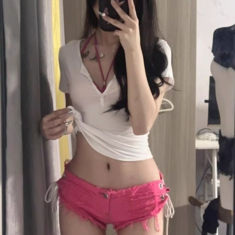 Sexy Hot Girl Side-Tie Frayed Denim Ultra-Short Shorts for Women, Summer Style, Nightclub Low-Waist Tight-Fitting Hot Pants