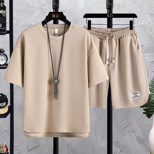 Fashion suit men's waffle short-sleeved T-shirt trendy brand summer new loose Korean style trendy sports and casual two-piece set