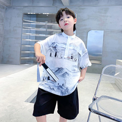 Trendy brand children's Tang suit summer clothes 2024 new boys' short-sleeved shorts medium and large children's black and white Hanfu suit summer