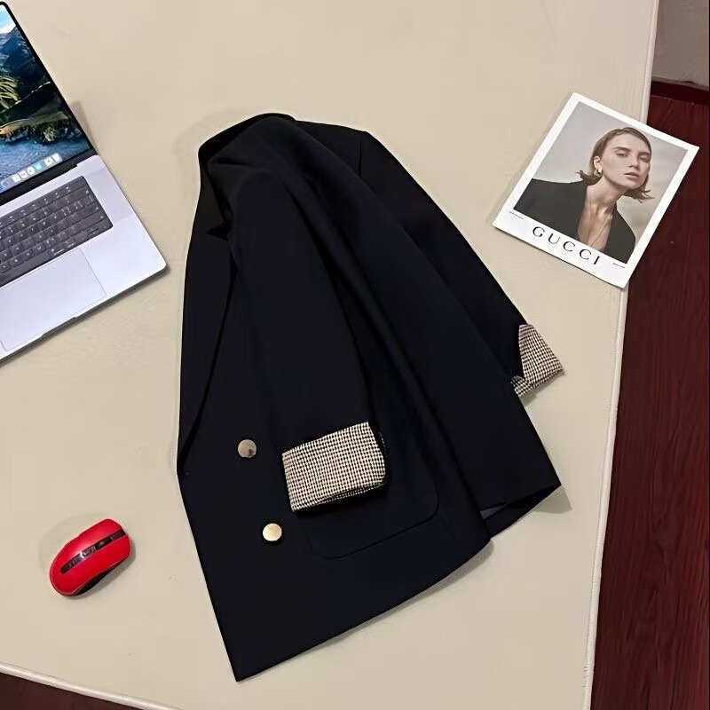 Black Small Suit Jacket for Women in Spring and Autum New Korean Style Loose Casual Flip-Sleeve Fashionable Suit Top