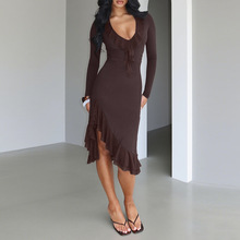 ZX25285欧美风荷叶边长袖连衣裙2025秋季新款ins性感修身包臀裙女