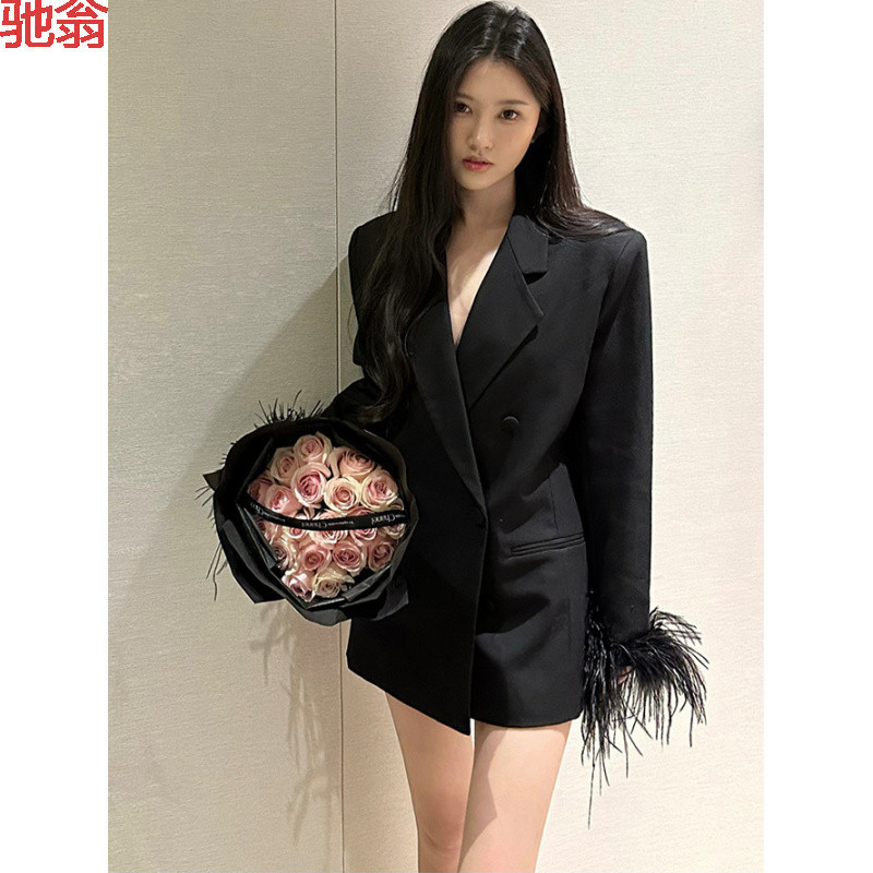 T8Y Design Sense Ostrich Hair Black High-end Sense Suit Jacket Women's 2024 New Fashion All-match Suit Top