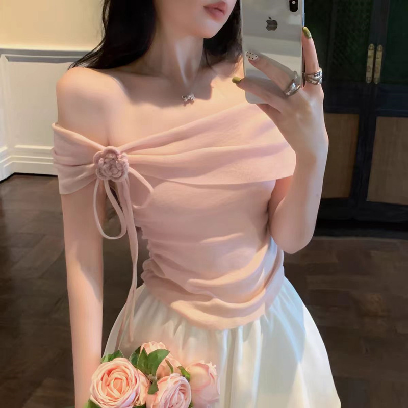 Pure Sweet Spice Girl Off-shoulder Flower Small Top Women's Summer High-end French Pink Short-sleeved T-shirt Chic and Beautiful