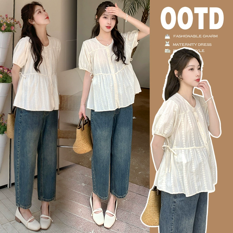Летняя рубашка для беременных, свободная рубашка в стиле babydoll, модный костюм, новые брюки 2025 года, комплект из двух предметов