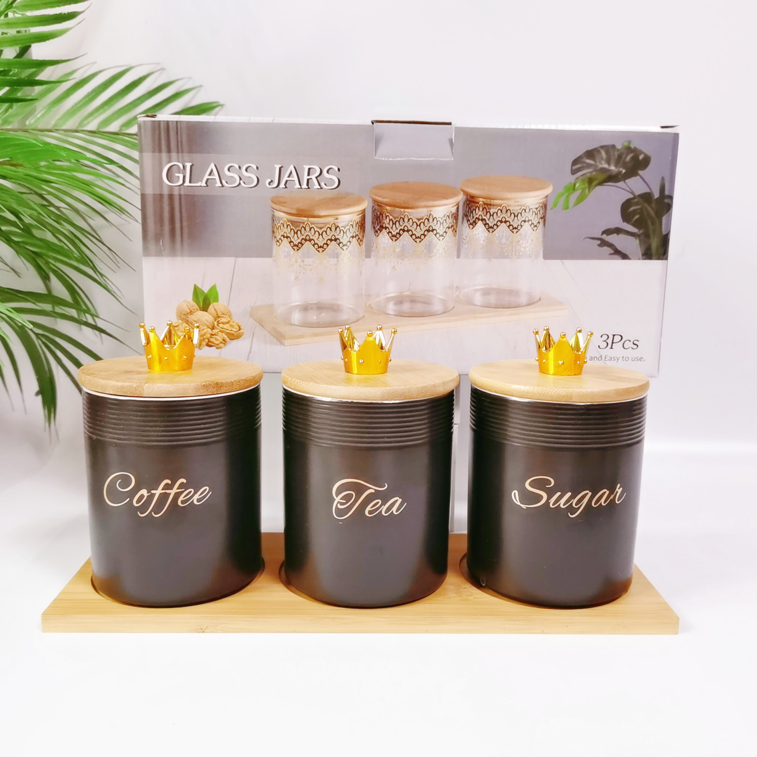 Comercio exterior transfronterizo Oriente Medio Exportar tarro sellado de cerámica con tapa de madera tarro de almacenamiento condimento de cocina tarro de té de café tarro