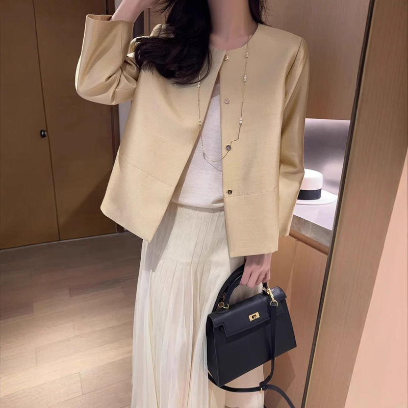 The Exquisite and Luxurious Texture in Stock with Full Screen! Knock-End ~ Temperament Satin Silk Wool Long Sleeve Short Jacket for Women