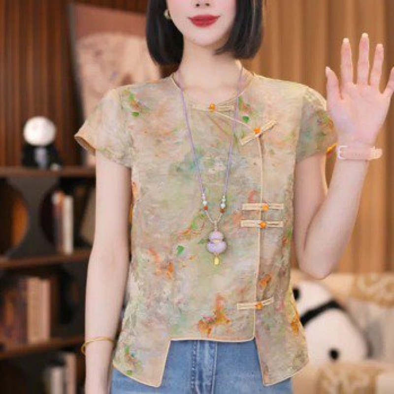 Dropshipping New Chinese Style Tang Suit Jacquard Short-Sleeve Shirt for Women, Summer Diagonal Collar with Button Closure, Lightweight and Versatile Blouse