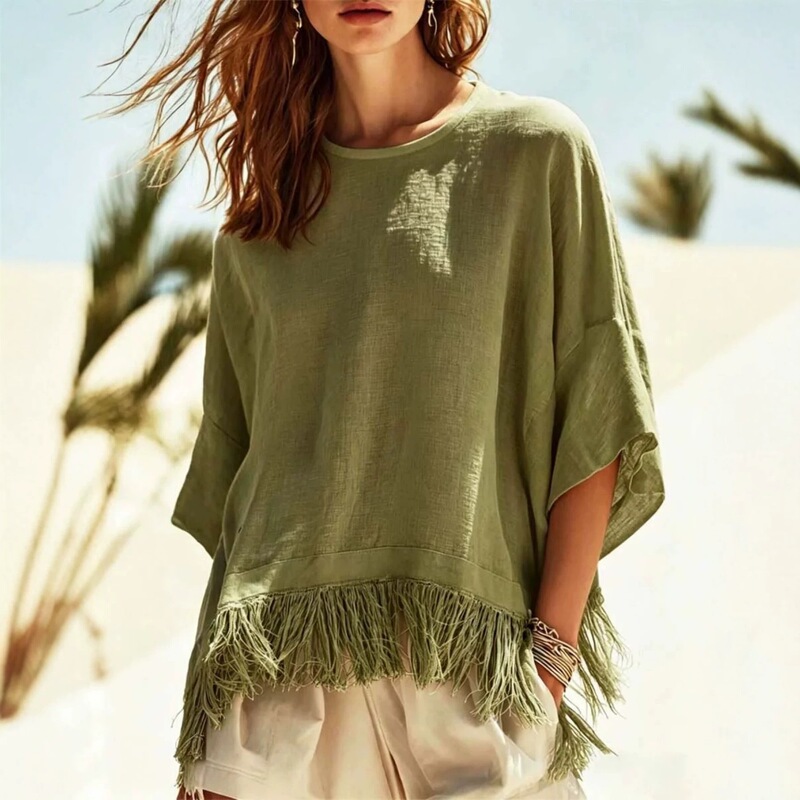 2026 European and American women's fashion, Amazon independent store, new autumn/winter collection, stylish and casual round-neck tassel top, mid-sleeve t-shirt 2026 European and American women's fashion, Amazon independent store, new autumn/winter collection, stylish and casual round-neck tassel top, mid-sleeve t-shirt