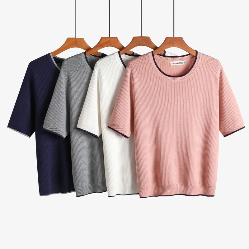 2025 Women's New Contrast Color Knitwear Short-Sleeved Threaded Top Cross-Border Large Size Summer Ice Silk T-Shirt 110kg