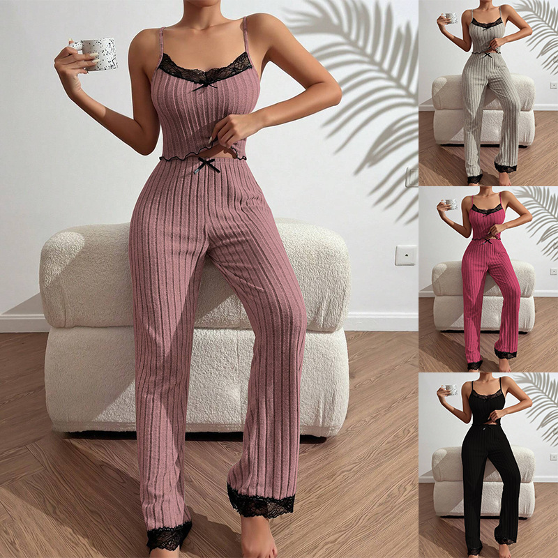 European and American Cross-Border Best-Selling Home Wear Ribbed Heart Camisole Pajamas Women's Wearable Long Pants Two-Piece Set