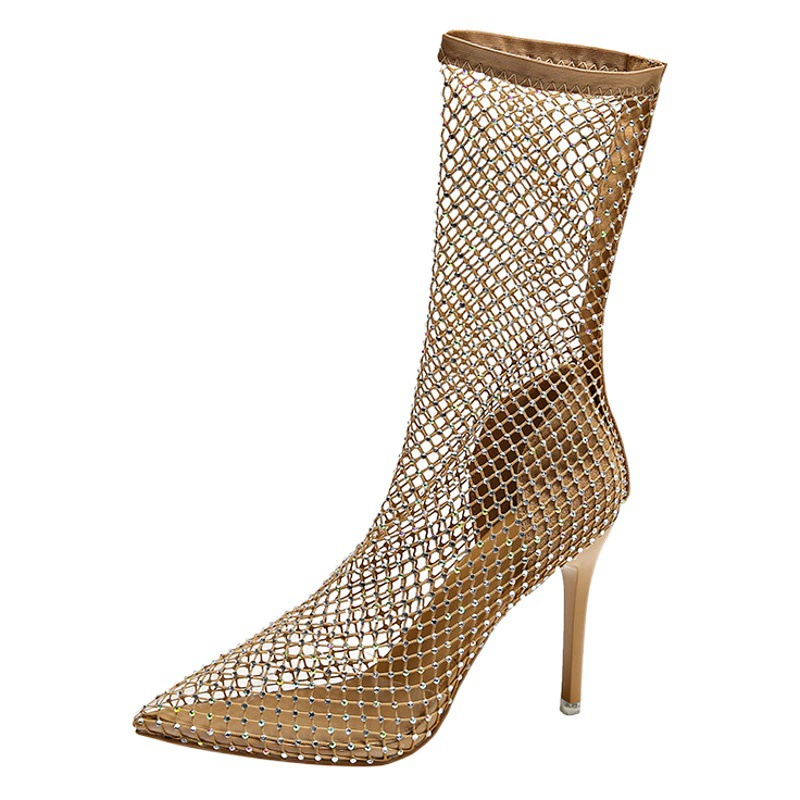 Весенне-летние новые стильные босоножки на высоком каблуке-шпильке с острым носком, цветными стразами и сеткой для женщин, стройнящие сапоги выше колена, всегда в наличии.
