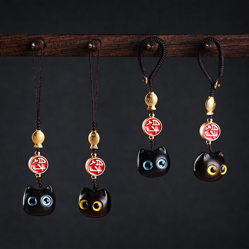Temperament Salty and Sweet Niche Design Cute Big-Eyed Cat Hand-Carved Ebony Mobile Phone Chain Pendant